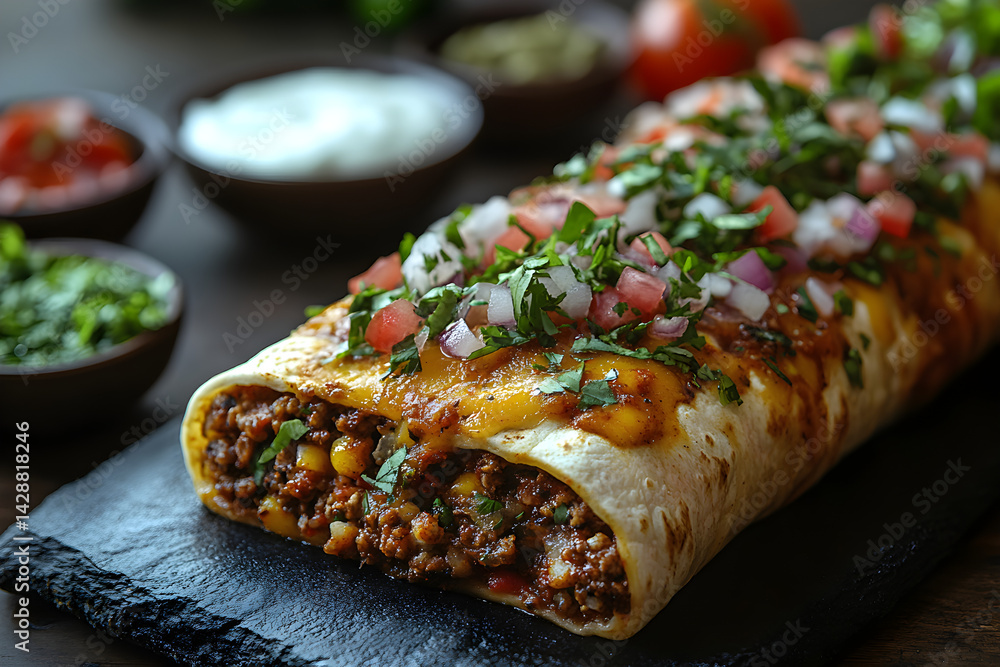 Burrito styled on rustic black stone table with side ingredients