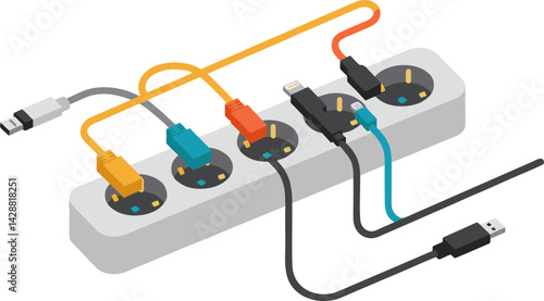 Power Strip with Multiple Colorful Cables and Plugs