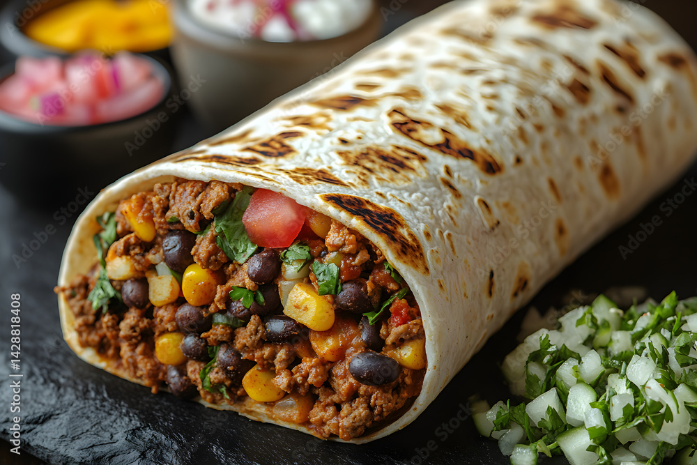 Burrito styled on rustic black stone table with side ingredients