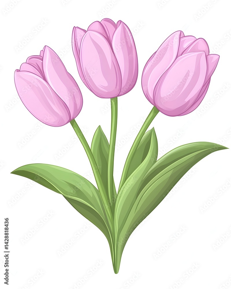 Fototapeta premium Three light pink tulips with green leaves, isolated on white background