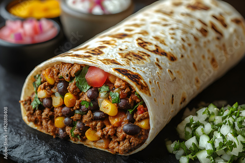 Obraz na płótnie Burrito styled on rustic black stone table with side ingredients w salonie