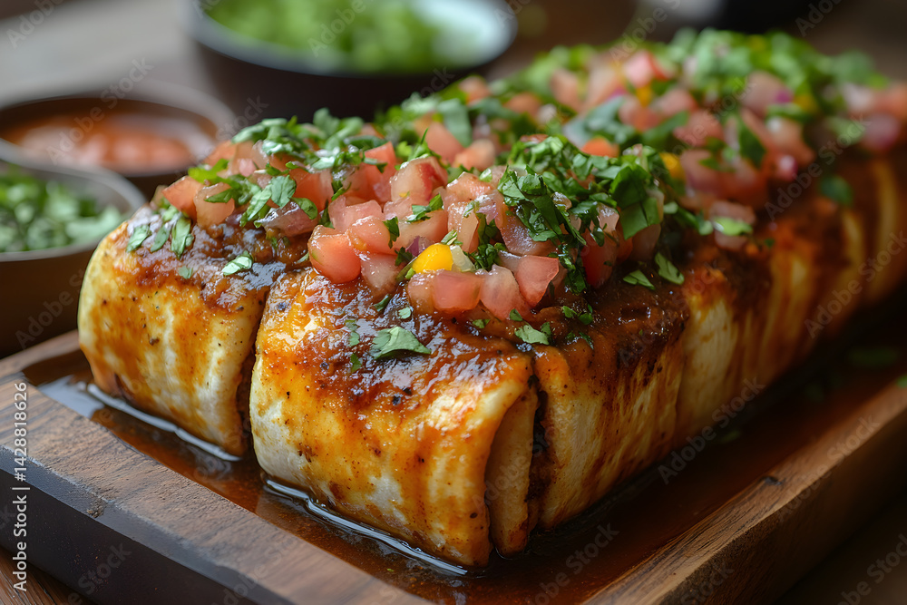 Burritos with a rich beef filling topped with salsa and cheese
