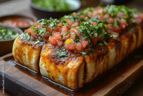 Obraz na płótnie Burritos with a rich beef filling topped with salsa and cheese w salonie