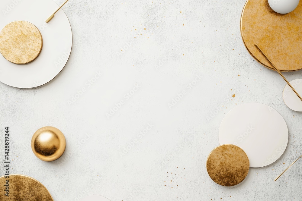 Minimalistic white and gold geometric shapes on a light gray background.