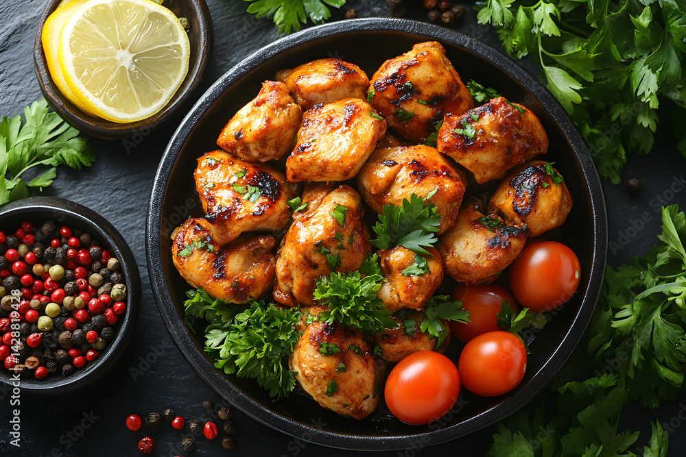 Butter Chicken styled on rustic black stone table with side ingredients