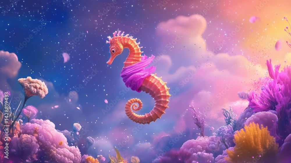 Fototapeta premium Dreamlike image of seahorse in pink scarf drifting through a mystical, star-filled background