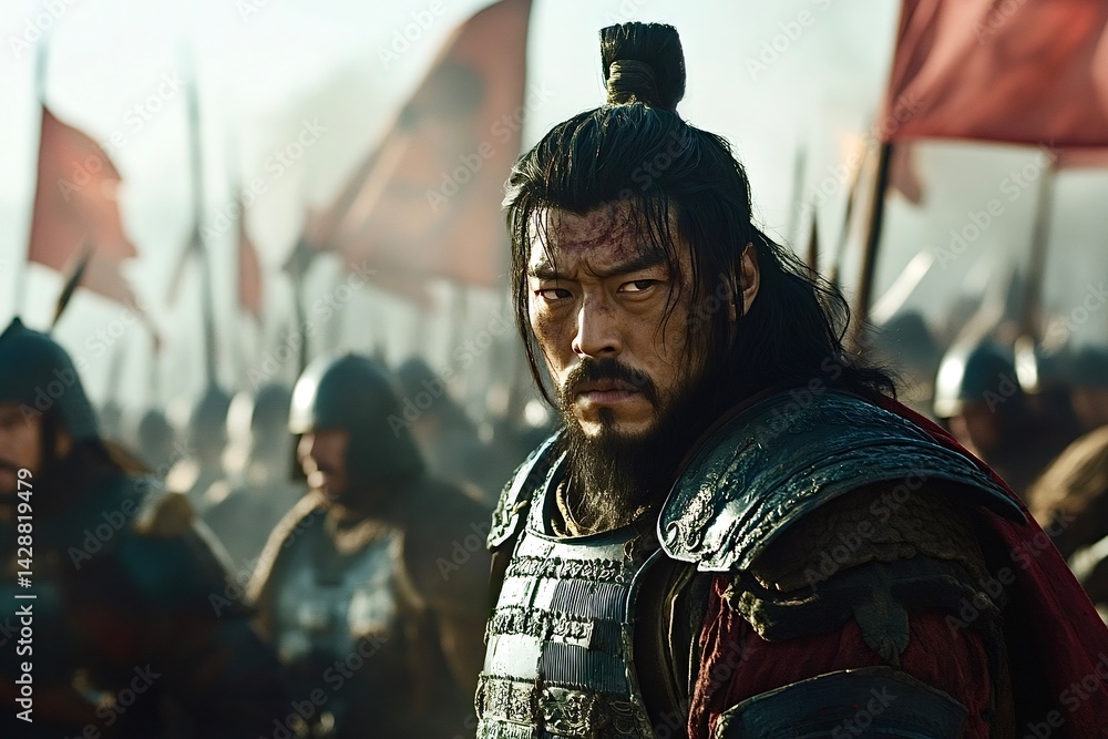 Determined general leading troops into battle during war Determined general leading troops into battle during war
