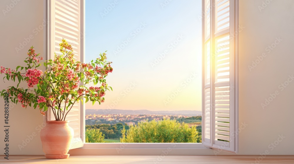 Fototapeta premium Elegant window view with sunlight through slats and clear sky horizon in background