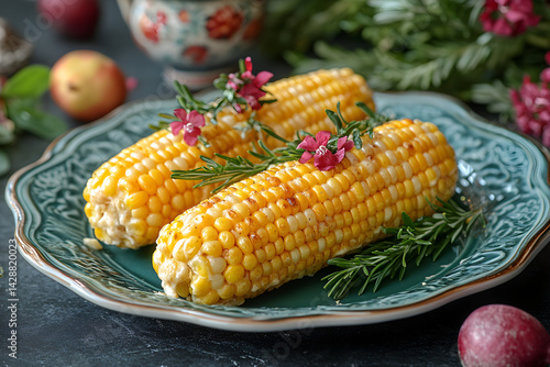 Obraz na płótnie Buttered Corn on the Cob styled on dark grey background with clean plating and props w salonie