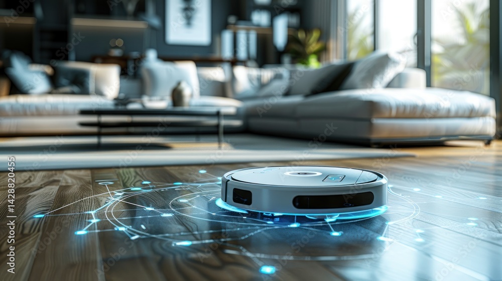 A robot vacuum cleaner is shown on a wooden floor in a living room. A robot vacuum cleaner is shown on a wooden floor in a living room.