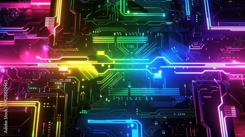 Background circuit board digital technology rainbow lines neon modern AI generated image