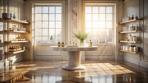 Serene sunlit interior with marble table, shelving units showcasing an assortment of bottles and containers, and gleaming hardwood floors