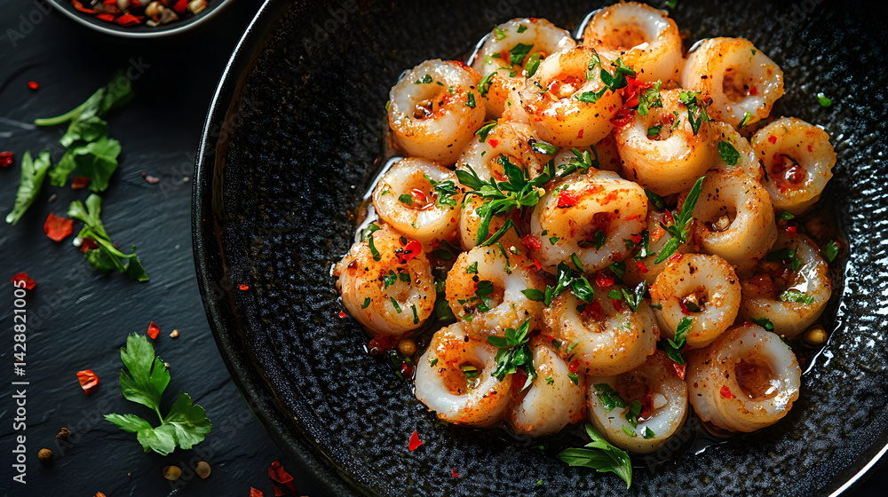 Calamari served on dark grey textured plate with fresh garnish top view