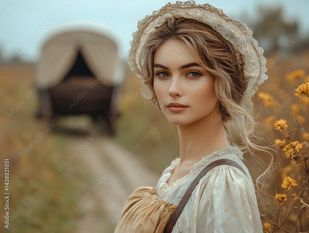 A pioneer woman in a bonnet stands beside a covered wagon on a dusty trail