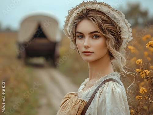 Obraz na płótnie A pioneer woman in a bonnet stands beside a covered wagon on a dusty trail w salonie