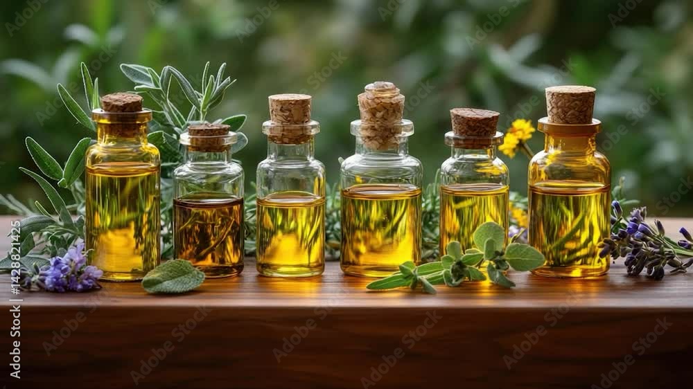 Natural oils collection bottles herbal remedies on wood background Natural oils collection bottles herbal remedies on wood background