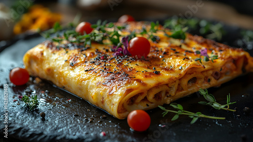 Cannelloni presented on a black textured surface with elegant side garnishing