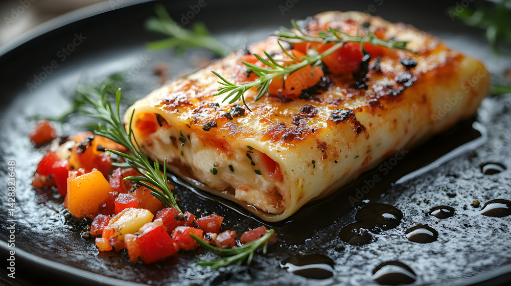 Cannelloni presented on a black textured surface with elegant side garnishing
