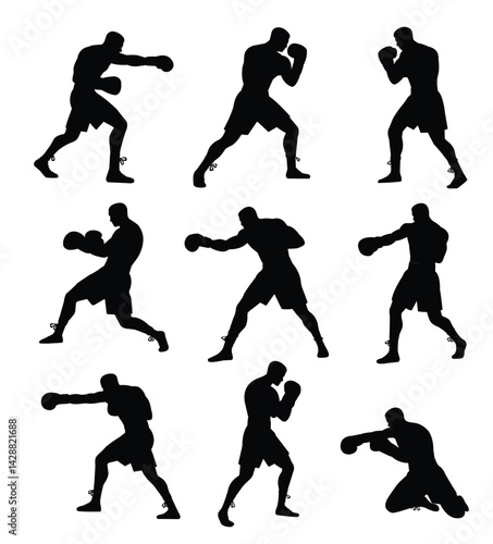 set of silhouette vector of boxers in various action