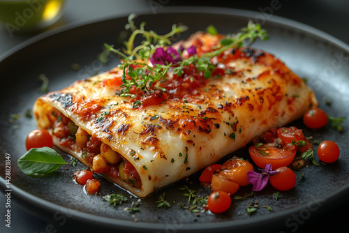 Obraz na płótnie Cannelloni styled on dark grey background with clean plating and props w salonie