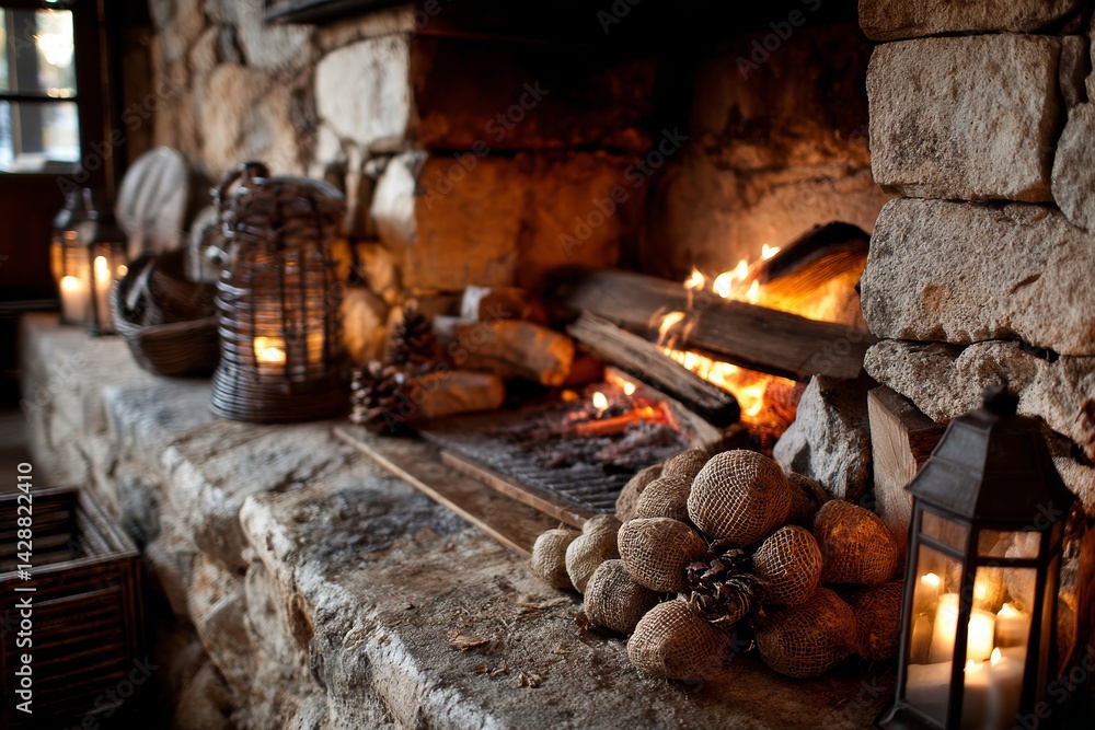 Cozy fireplace with crackling logs and warm lighting for a homely feel.