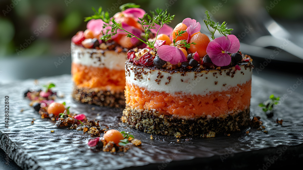 Carrot Cake presented on a black textured surface with elegant side garnishing