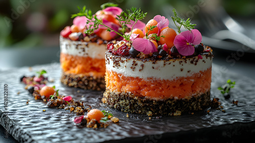 Obraz na płótnie Carrot Cake presented on a black textured surface with elegant side garnishing w salonie