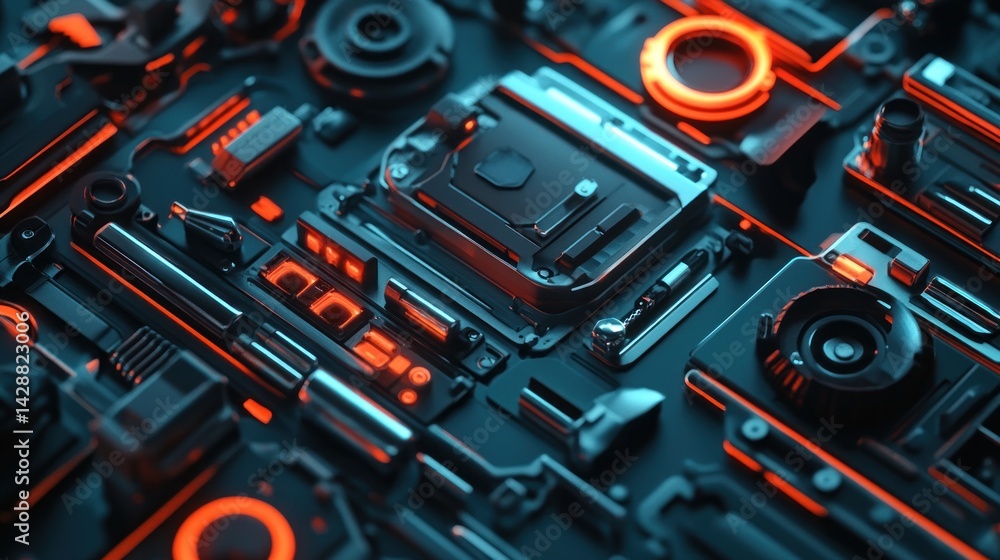 Fototapeta premium Futuristic tech circuitry glows, detailed close-up, abstract background, tech concept