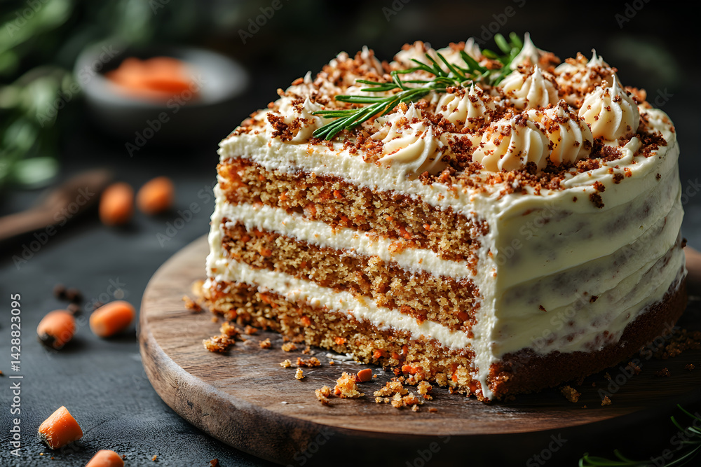 Carrot Cake styled on dark grey background with clean plating and props