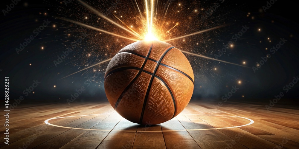 A Gleaming Basketball Centered on a Polished Hardwood Court, Illuminated by a Dramatic Burst of Light and Sparks A Gleaming Basketball Centered on a Polished Hardwood Court, Illuminated by a Dramatic Burst of Light and Sparks