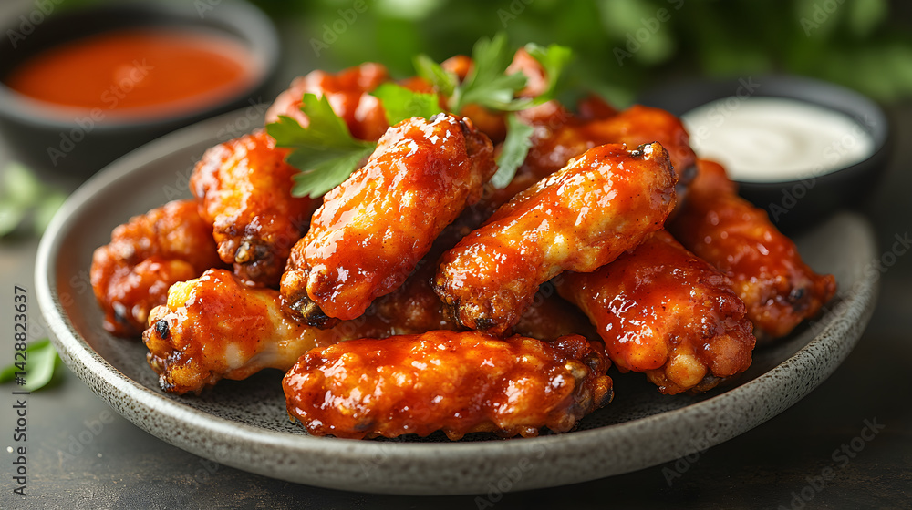Cauliflower wings with buffalo sauce served on a plate with ranch dressing