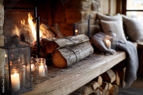 Obraz na płótnie Cozy fireplace with crackling logs and warm lighting for a homely feel. w salonie