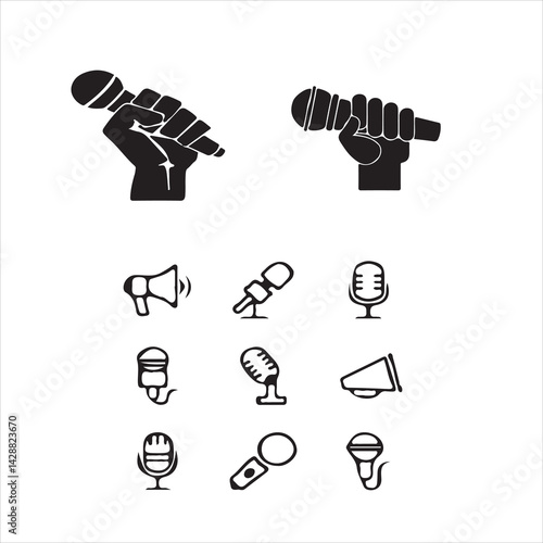 Collection of Black and White Microphone and Public Address Icons