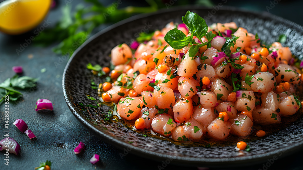 Ceviche served on dark grey textured plate with fresh garnish top view