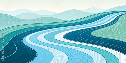 Abstract Landscape Serene River Flowing Through Rolling Hills