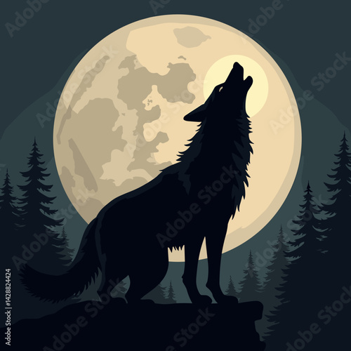 Howling wolf silhouette against a full moon in a forest  