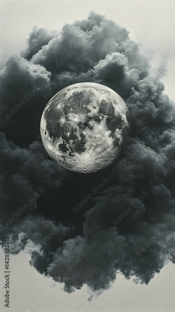 Fototapeta premium The moon glows engulfed in dark billowing clouds a night sky in monochrome