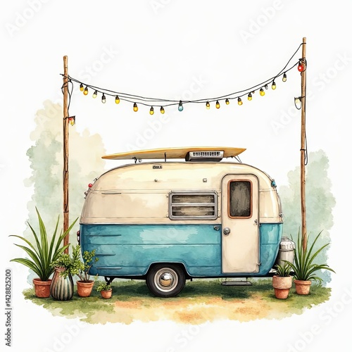 Retro Vintage Camper Van with Surfboard and String Lights at Campground Watercolor Illustration