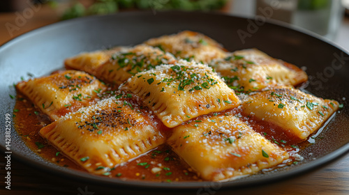 Cheese-stuffed ravioli with marinara sauce and a sprinkle of parmesan