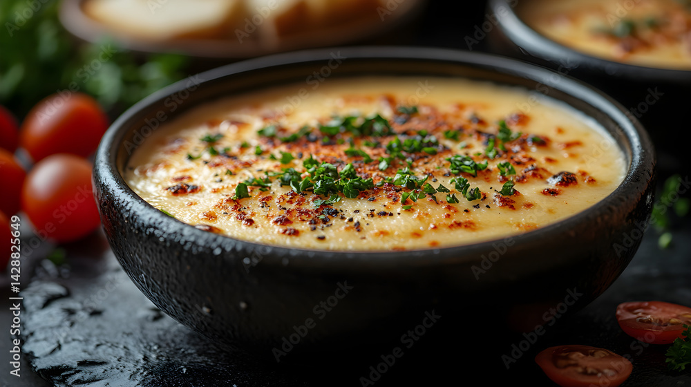 Cheese Fondue presented on a black textured surface with elegant side garnishing