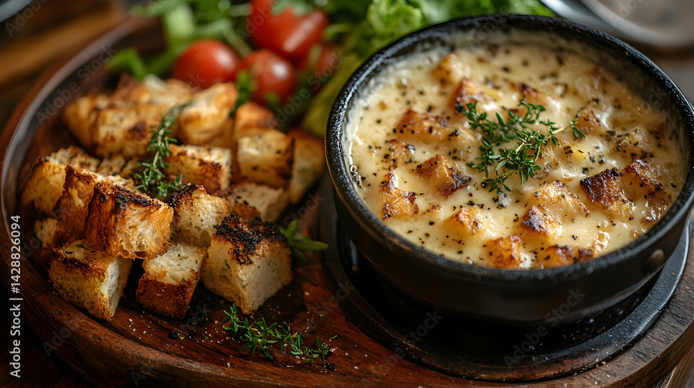 Cheese fondue with bread cubes and vegetables for dipping