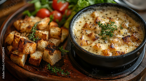 Obraz na płótnie Cheese fondue with bread cubes and vegetables for dipping w salonie