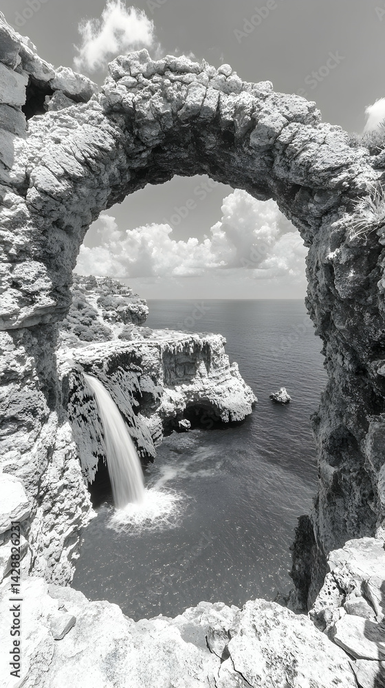 Fototapeta premium Rocky archway frames ocean view cascade flowing Monochromatic image