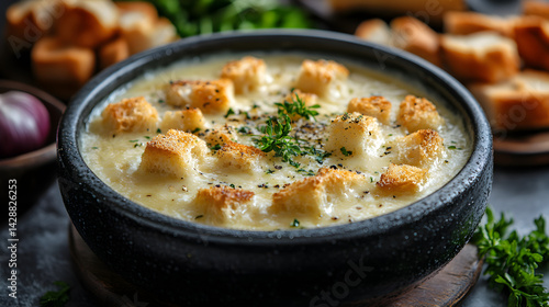 Cheese fondue with bread cubes and vegetables for dipping