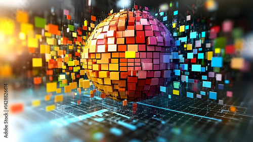 Sphere made of colorful cubes floats above a surface with lines and small squares in the background