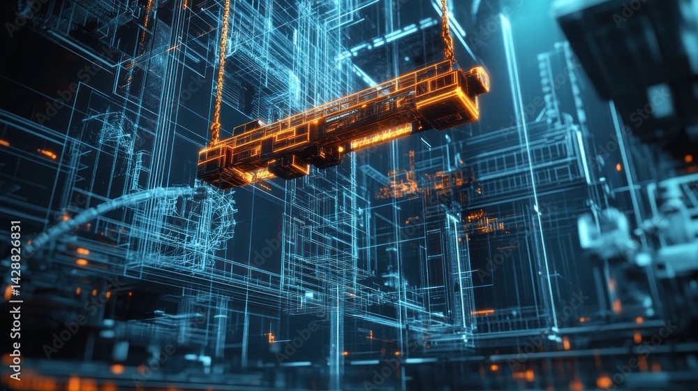 Obraz premium Digital Cityscape Wireframe Bus Suspended