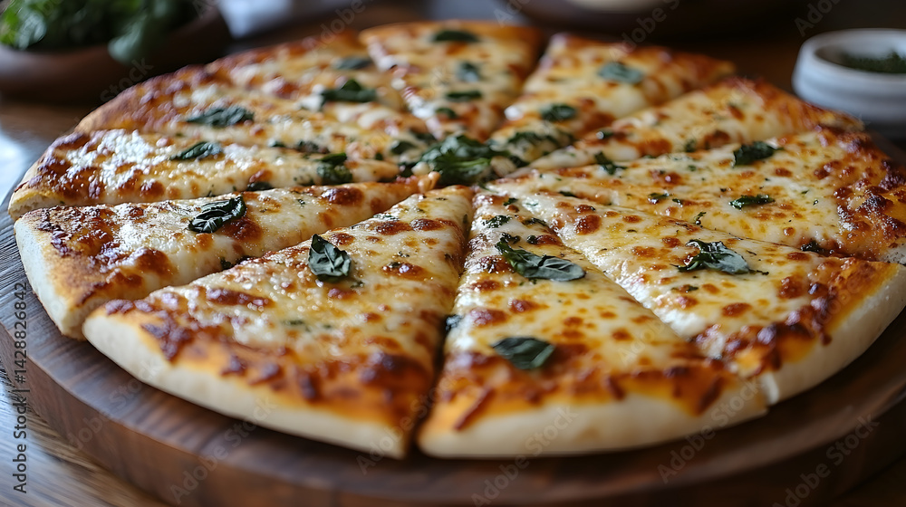 Cheese pizza with a thin crispy crust, fresh mozzarella, and basil leaves