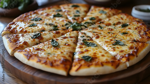 Obraz na płótnie Cheese pizza with a thin crispy crust, fresh mozzarella, and basil leaves w salonie