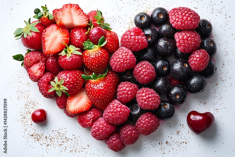 Fototapeta premium Assorted Berries Heartshaped Strawberries, Raspberries, Blueberries, Cherry on White
