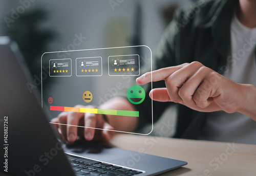 Obraz na plátne Businessman uses smartphone to provide five-star feedback for customer satisfaction survey, increasing company rating and improving service quality